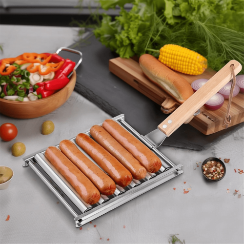2 rodillos para salchichas para parrilla con mango de madera 2