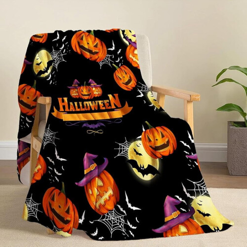 Halloween Throw Blanket Orange Pumpkin Black Bat Print 1