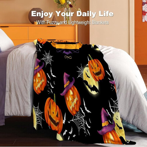 Halloween Throw Blanket Orange Pumpkin Black Bat Print 2