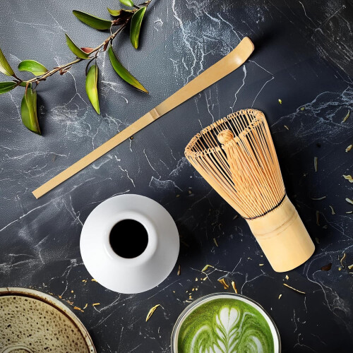Matcha Whisk Set White Ceramic Holder Scoop 3PC 2