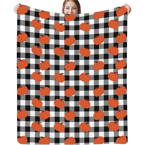 Orange Pumpkin Throw Blanket Black White Buffalo Plaid 1