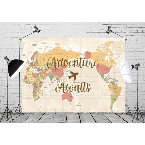 Retro World Map Backdrop Travel Theme 10x8 ft 1