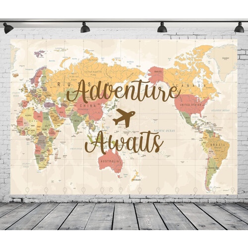 Retro World Map Backdrop Travel Theme 10x8 ft 2