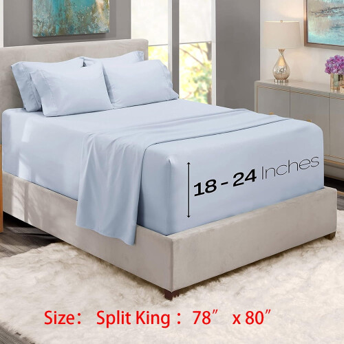 Jogo de lençóis Extra Deep Pocket Split King, 7 peças, serve em colchões de 45 a 60 cm, azul gelo - compatível com colchões Split King. 1