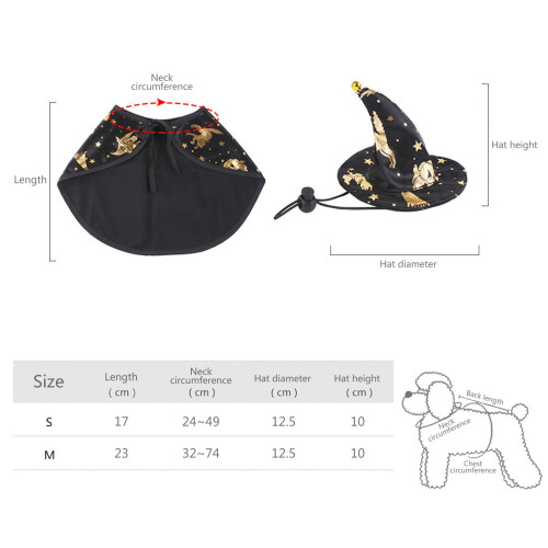 Pet witch hat and cloak set black gold adjustable 1