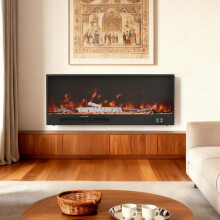 46.3inch Wall Recessed Electric Fireplace Carbon Steel Frame 12Flame Colors 6Dimmable Brightness WiFi Remote Control Heater w/ Resin Log&Crystal Stone