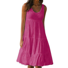 (s, Rose Red) Womens Summer Smock Dress Ladies Holiday Beach Casual Loose Frill Mini Sundress
