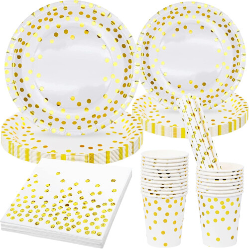 Service de table Ensemble de 80 pièces Pour réceptions Blanc Or — vaisselle jetable mariage, kit anniversaire complet