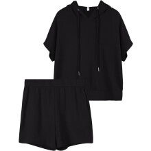 Ensemble de survêtement d’été pour femme, manches courtes, short, coupe ample, confortable, noir, XL — tenue de sport