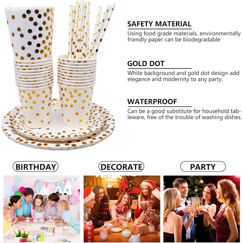 Service de table Ensemble de 80 pièces Pour réceptions Blanc Or — vaisselle jetable mariage, kit anniversaire complet 2