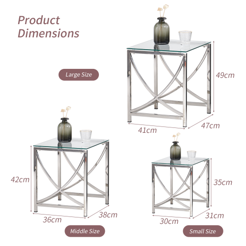 AINPECCA 3Pcs Nesting Table Sets Glass End Table Silver 1