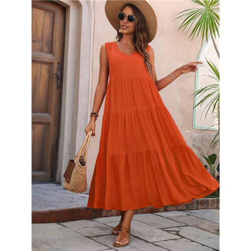 Women Solid Color Casual Midi Dress Orange S 1