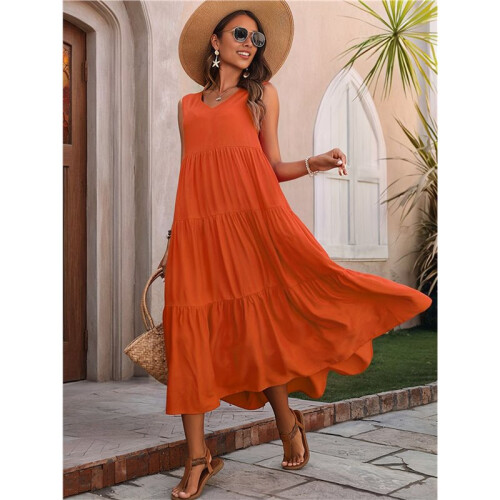 Women Solid Color Casual Midi Dress Orange S 2