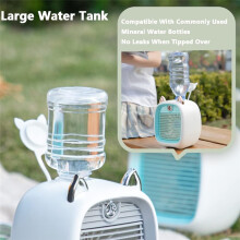 Ventilateur rafraîchissant rechargeable blanc avec humidificateur, 3 vitesses, portable, pour bureau ou chambre.