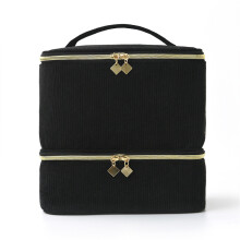 (Black) Velvet High Capacity Makeup Case With Double Layers For Home And Use Onthe Go