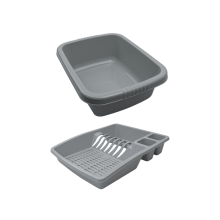 JVL Plastic Dish Drainer and Rectangular Washing Up Bowl Kitchen Set, Grey