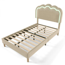 (Beige, 90x190cm) Lit rembourré LED avec tête réglable et sommier à lattes
