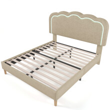 (Beige, 140x200cm) Lit rembourré LED avec tête réglable et sommier à lattes