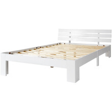(White) Lit double en bois massif avec tĂŞte de lit et sommier Ă lattes