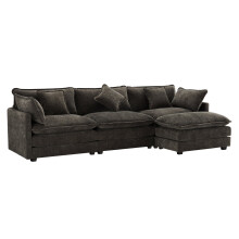 (Dark Gray) Canapé d’angle en L avec rangement, repose-pieds et assise chenille confortable