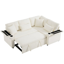 (Beige) Canapé d’angle en L extensible convertible avec rangement, USB, porte-gobelets et 4 coussins