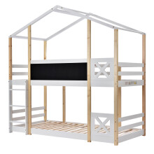 Lit cabane enfant 90x200 - échelle - surélevé - bois naturel blanc - double sommier