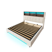 (Beige, 180 x 200cm) Lit avec tĂŞte multifonction, USB-C, LED, rangement hydraulique et compartiments sans matelas