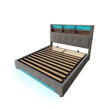 (Dark Gray, 160 x 200cm) Lit avec tĂŞte multifonction, USB-C, LED, rangement hydraulique et compartiments sans matelas