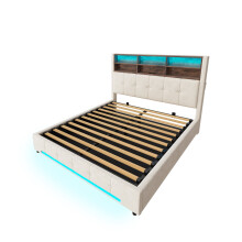 (Beige, 160 x 200cm) Lit avec tĂŞte multifonction, USB-C, LED, rangement hydraulique et compartiments sans matelas