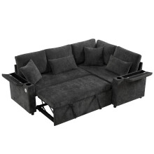 (Dark Gray) Canapé d’angle en L extensible convertible avec rangement, USB, porte-gobelets et 4 coussins
