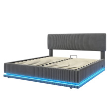 (Dark Gray, 140 x 200cm) Lit rembourré avec LED, USB-C, tête réglable et rangement sous lit sans matelas