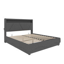 (Dark Gray, 140 x 200cm) Lit avec tête LED, rangement, sommier hydraulique, ports USB et poches latérales sans matelas