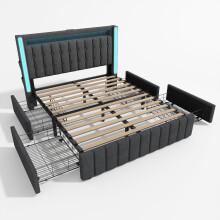 (140x200cm) Lit rembourré avec USB Type-C, LED, 4 tiroirs, rangement et sommier avec matelas