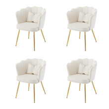 (Beige) Lot de 4 fauteuils avec dossier fleur, coussins et pieds métal