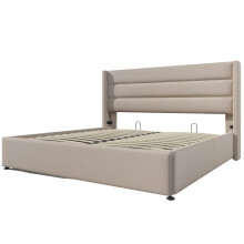 (Beige, 160x200cm) Lit hydraulique avec rangement et matelas