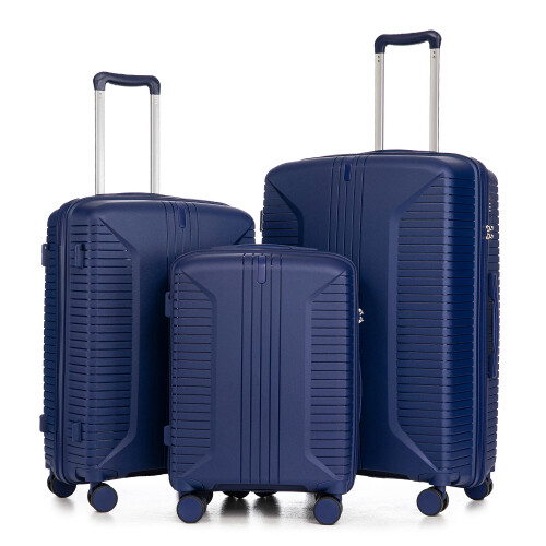 (Blue) Set de 3 valises à roulettes avec cadenas à code et crochets de suspension