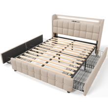 (Beige, 160x200cm) Lit capitonné avec USB, LED, 4 tiroirs, rangement, sommier et matelas