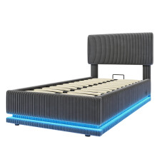 (Dark Gray, 90 x 200cm) Lit rembourré avec LED, USB-C, tête réglable et rangement sous lit sans matelas