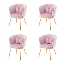(Rose) Lot de 4 fauteuils avec dossier fleur, coussins et pieds métal