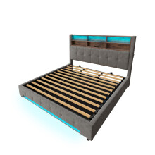 (Dark Gray, 180 x 200cm) Lit avec tĂŞte multifonction, USB-C, LED, rangement hydraulique et compartiments sans matelas