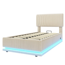(Beige, 90 x 200cm) Lit rembourré avec LED, USB-C, tête réglable et rangement sous lit sans matelas