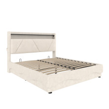 (Beige, 160 x 200cm) Lit avec tête LED, rangement, sommier hydraulique, ports USB et poches latérales sans matelas