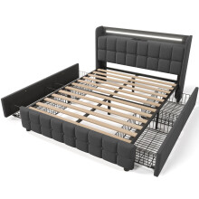 (Grey, 160x200cm) Lit capitonné avec USB, LED, 4 tiroirs, rangement, sommier et matelas