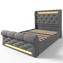 (Gray, 90x200cm) Lit capitonné avec LED, USB Type-C, tête de lit rangement et lit hydraulique avec matelas