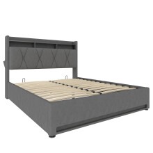 (Dark Gray, 160 x 200cm) Cadre de lit avec LED, USB-C, tĂŞte hydraulique et rangement sous lit sans matelas