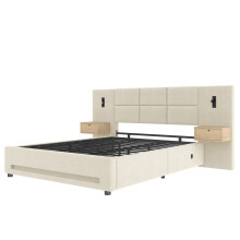 (Beige, 180 x 200cm) Lit capitonné avec tiroirs, LED, USB-C et coffre hydraulique sans matelas