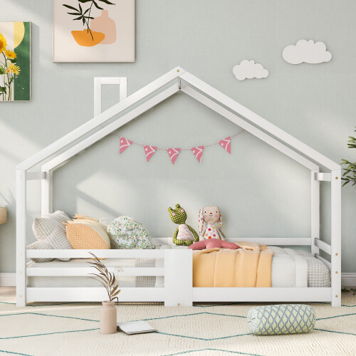 (White) Lit enfant maison avec barrière de sécurité 1