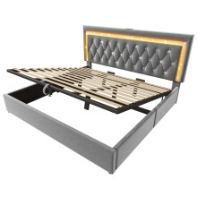 (Gray, 180x200cm) Lit capitonné avec LED, USB Type-C, lit hydraulique et rangement sans matelas