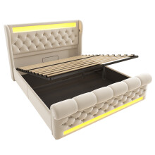 (Beige, 140x200cm) Lit capitonné avec LED, USB Type-C, tête de lit rangement et lit hydraulique avec matelas
