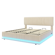 (Beige, 180 x 200cm) Lit rembourré avec LED, USB-C, tête réglable et rangement sous lit sans matelas